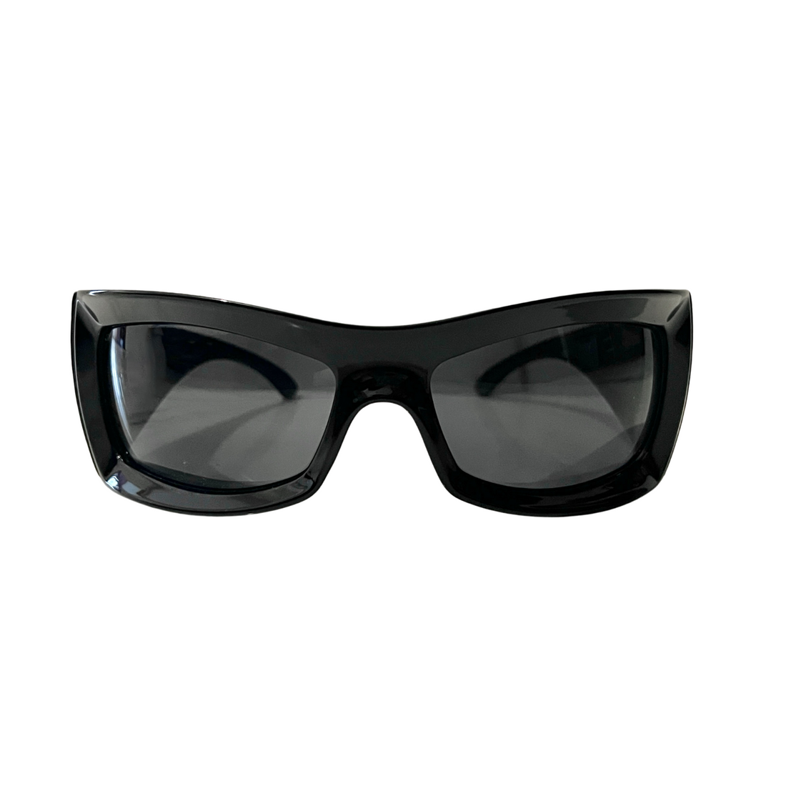 A pair of black oversized sunglasses with a visor style design.